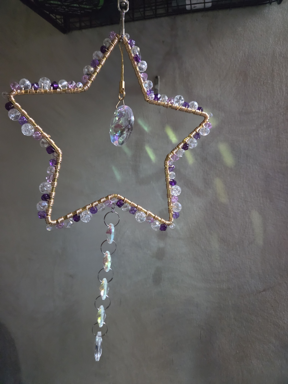 Gold Wire Star Suncatcher Necklace with Purple and Clear Beads